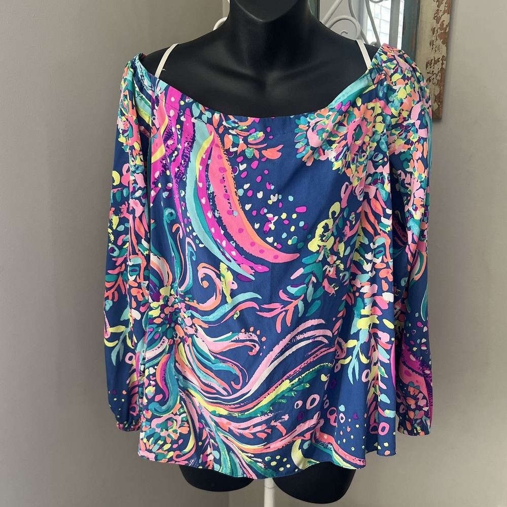 Lilly Pulitzer Adira Silk Off Shoulder Top Beach Loot Large Boho Old Money Club